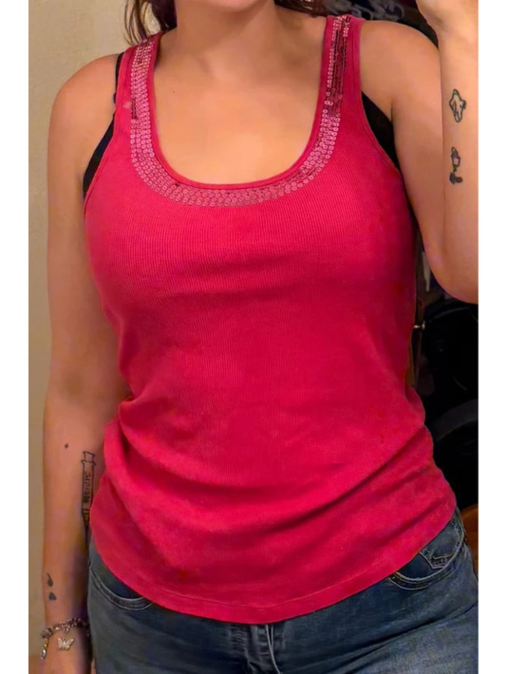 Express Pink Vintage Y2K sequined Neckline Tank Top with Keyhole Back